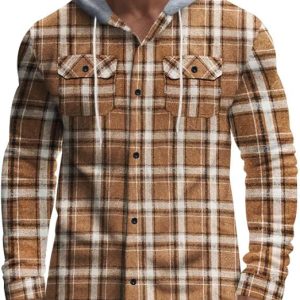 Men's Flannel Hoodie Shirts Long Sleeve Button Down Plaid Shirt Casual Loose Fit Fashion Shacket Jacket with Pockets