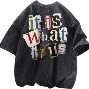 men Graphic Tees Funny Letter Print Vintage Oversize T Shirts Acid Wash Shirt Streetwear Rapper Casual Tee Top