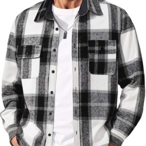 Men's Flannel Shirts Long Sleeve Cotton Plaid Shirt Jacket Casual Button Down Shirt with Pockets