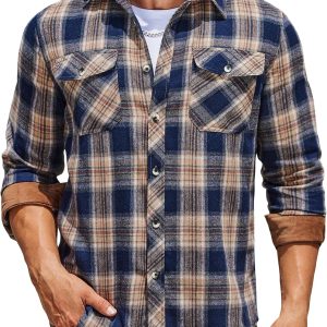 Men's Fall Plaid Button Down Shirt Long Sleeve Casual Cowboy Work Shirts Lightweight Flannel Shirts Two Pocket